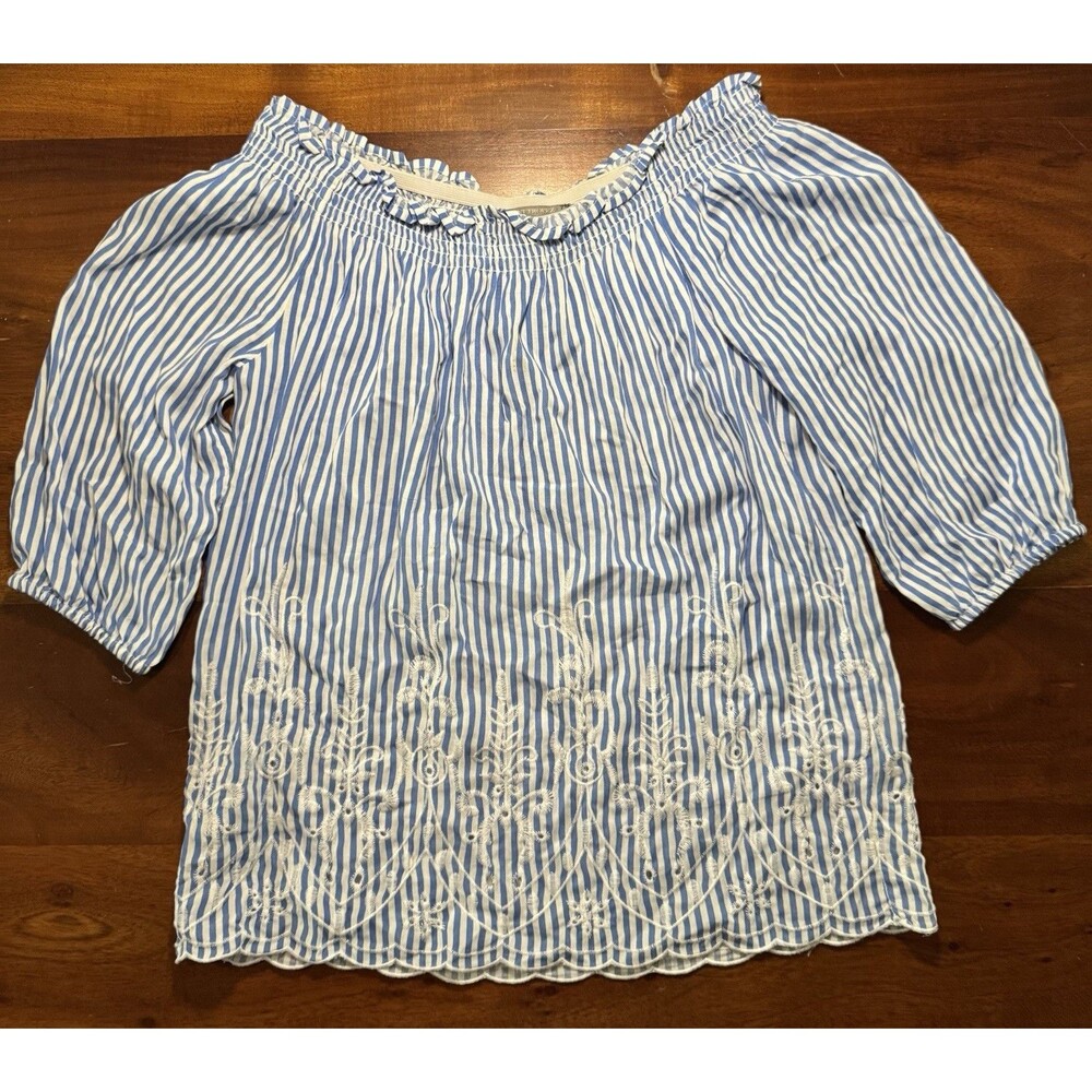 Saint Tropez West Top S Small Striped Boho Peasant Off Shoulder Floral Embroider